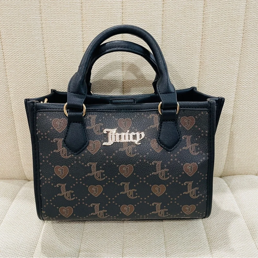 NEW Juicy Couture Black Brown‎ Monogram Heart Satchel Crossbody Bag Gold Logo